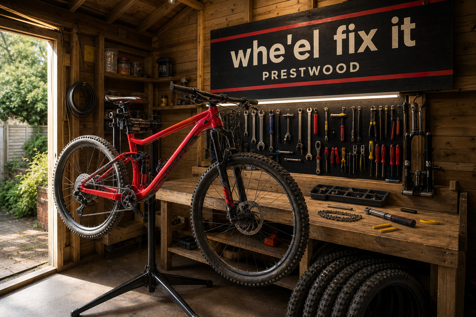 A red mountain bike in an empty whe'el fix it workshop in Prestwood